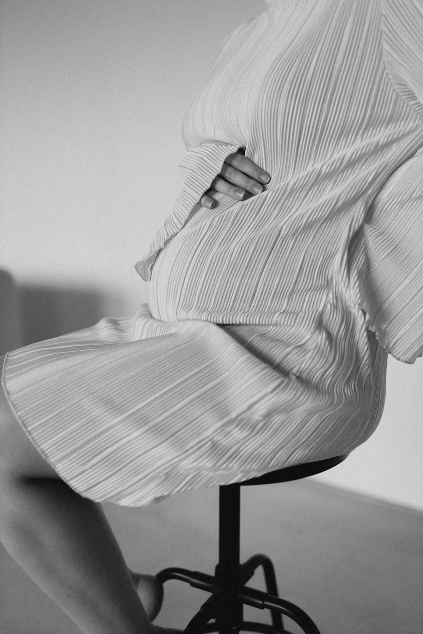 black and white portrait of a pregnant woman
